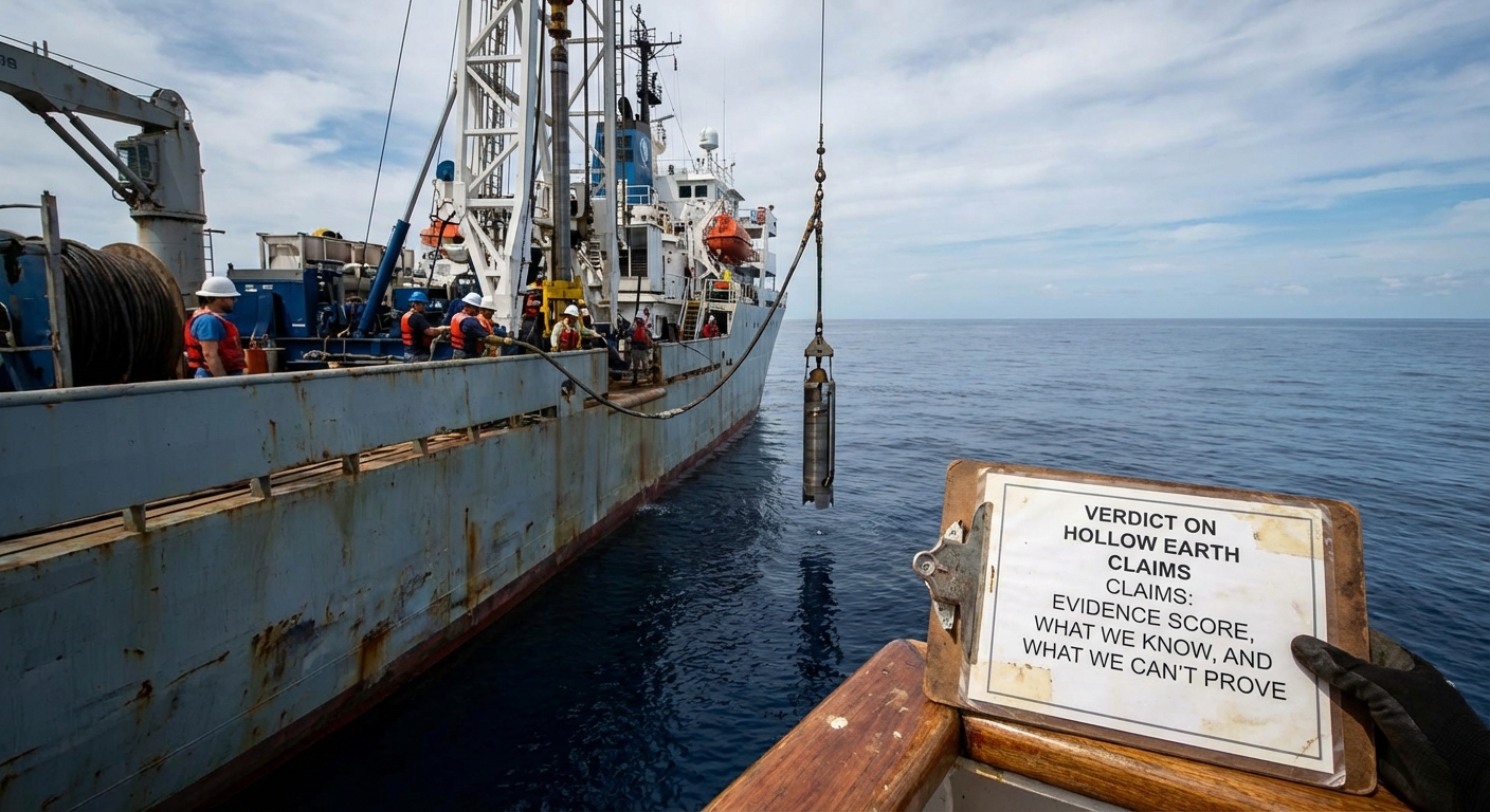 Ocean drilling ship deploying coring equipment with scientists working on deck, documentary perspective.