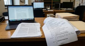 Desk with laptop, printed academic paper, and sticky notes in a professional research setting.
