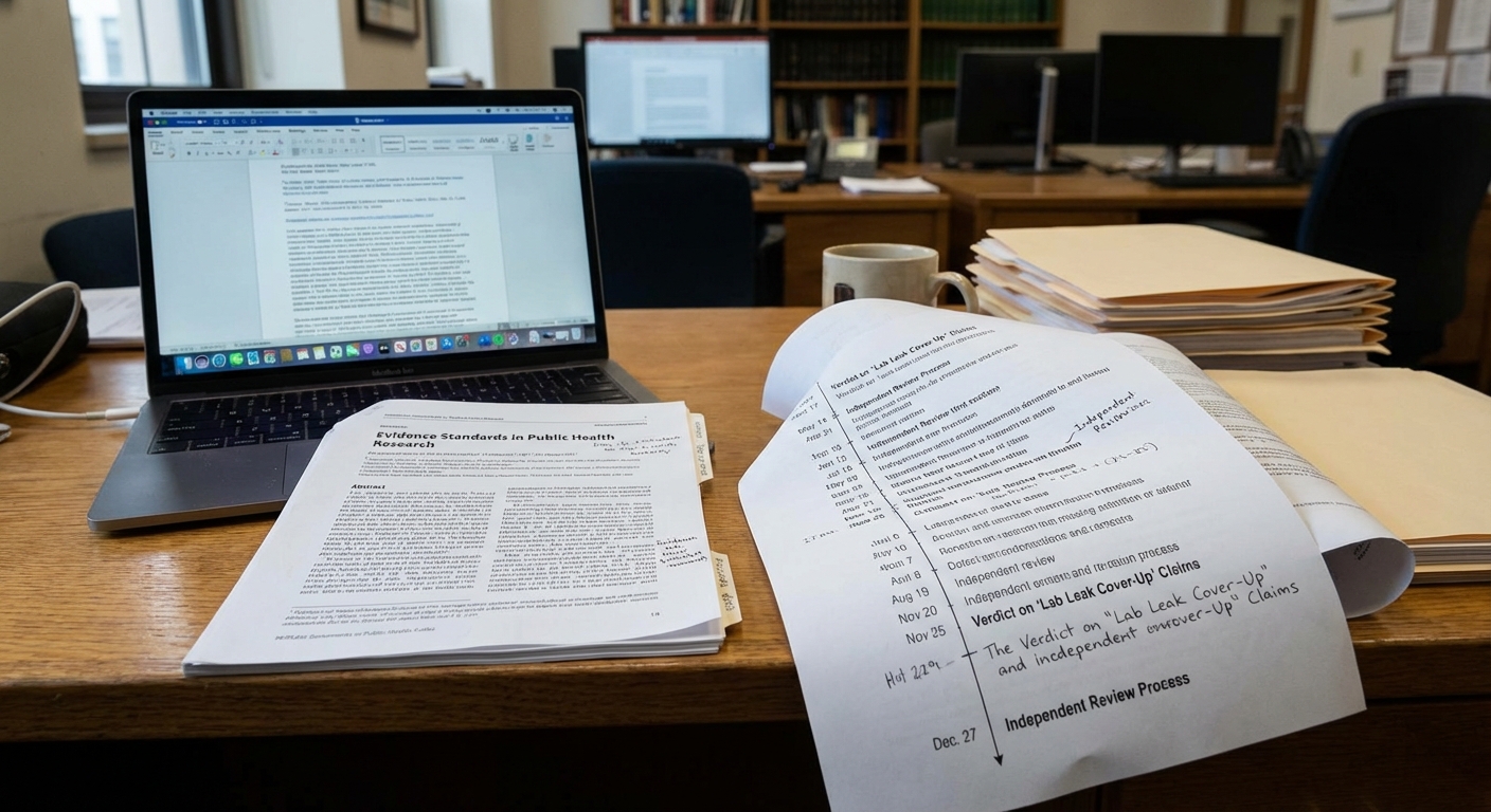 Desk with laptop, printed academic paper, and sticky notes in a professional research setting.