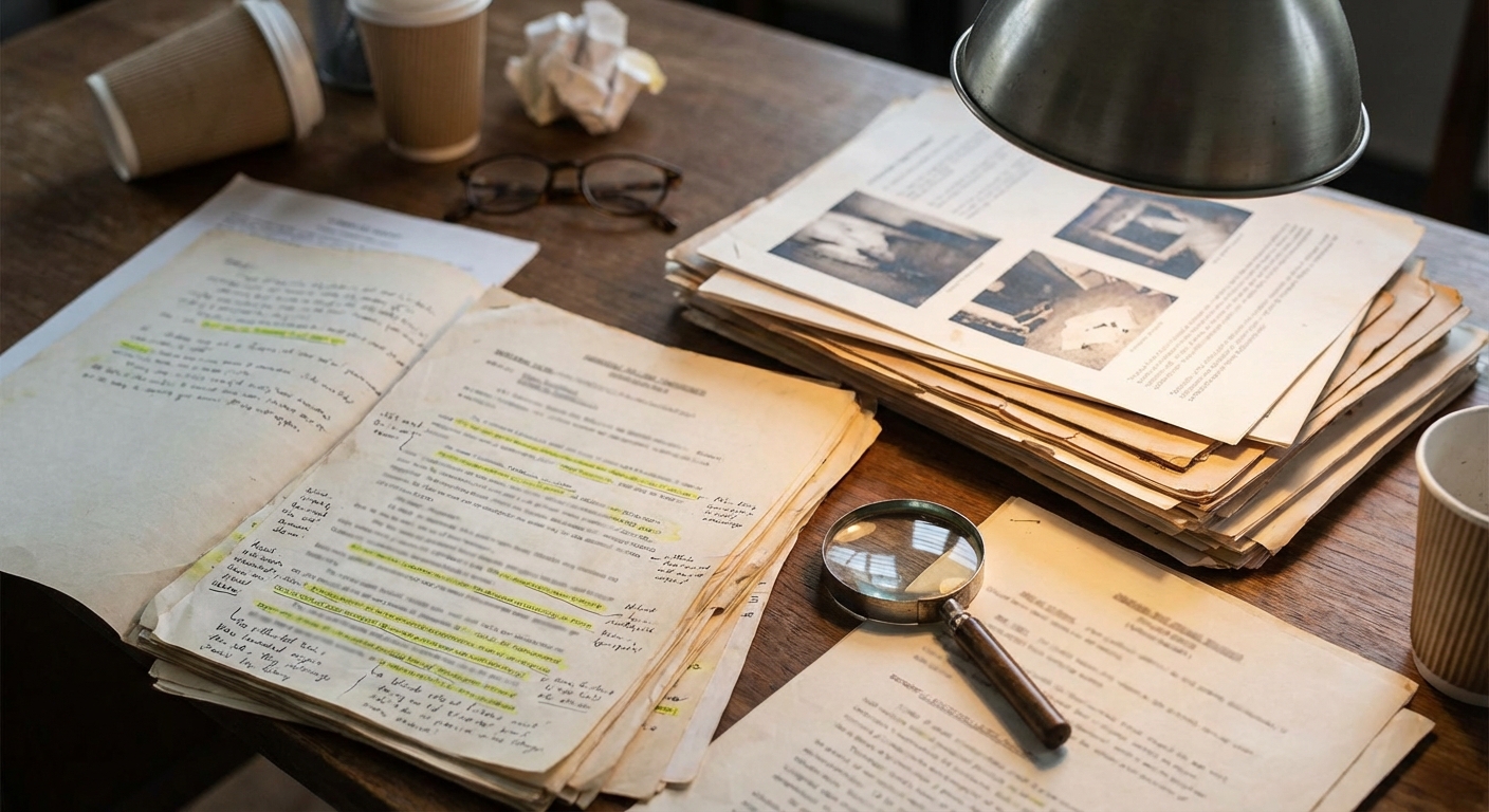 Desk with transcripts, a magnifier, and exhibits laid out for detailed examination.