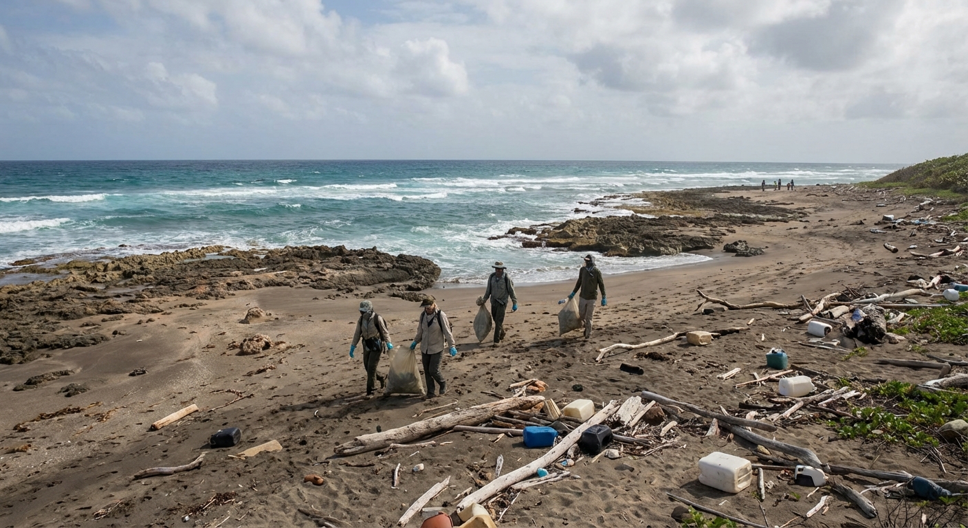 Search teams in protective gloves walking a remote shoreline collecting marine debris into evidence bags.