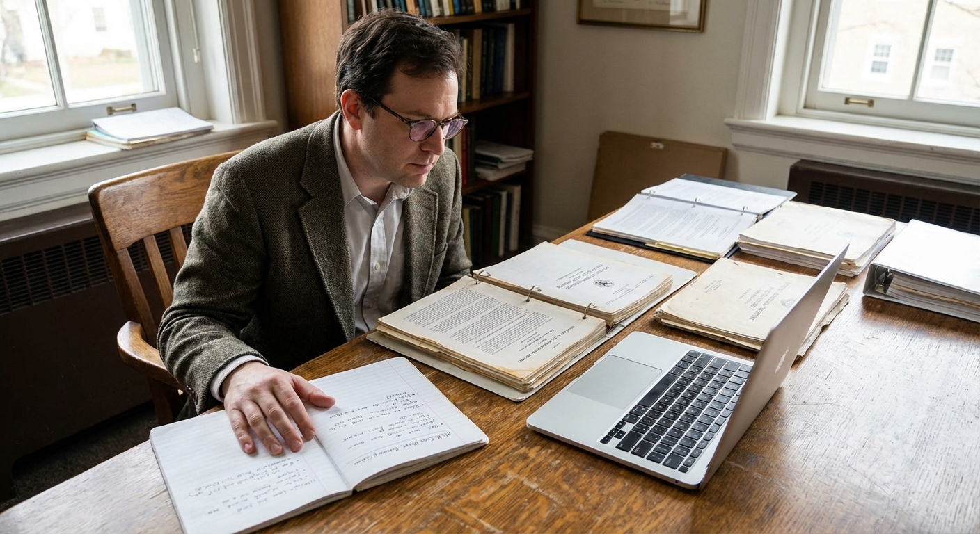 Person reviewing official reports at a desk with laptop and notepad, study environment for historical analysis.