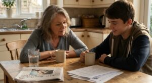 A parent and teenager in discussion at a kitchen table, an article nearby, calm atmosphere.