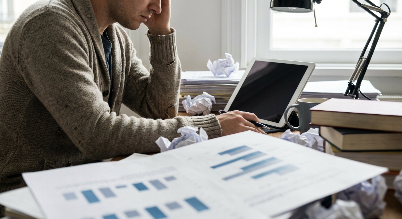 A researcher working with printed studies and a tablet, suggesting academic analysis of media and internet threat claims.