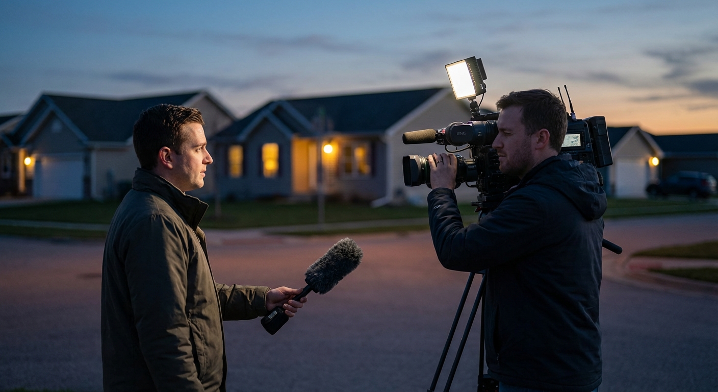 News crew filming a suburban street at dusk with camera and microphone, residents watching.