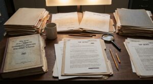 Archivist’s desk with declassified government papers and a bound congressional report on a wooden table under warm light.