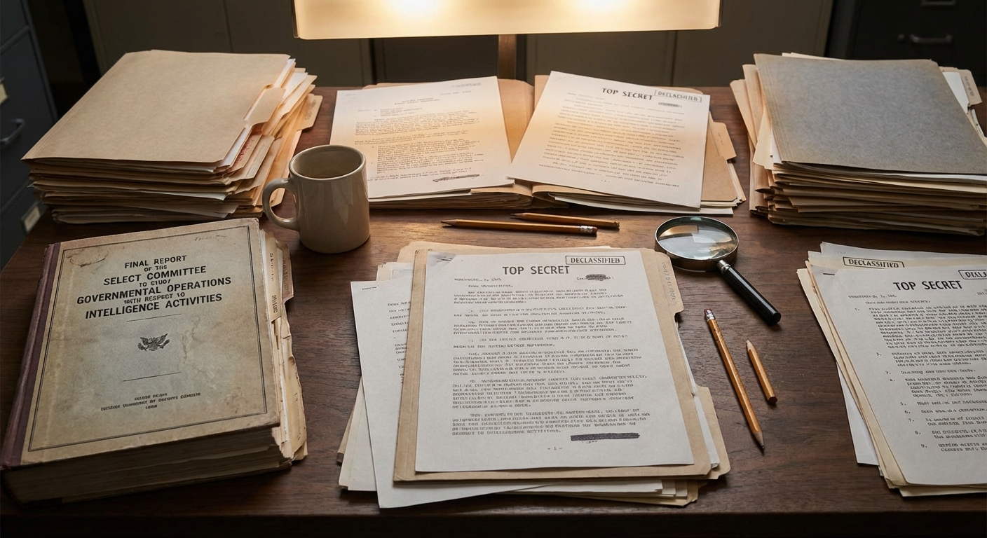 Archivist’s desk with declassified government papers and a bound congressional report on a wooden table under warm light.