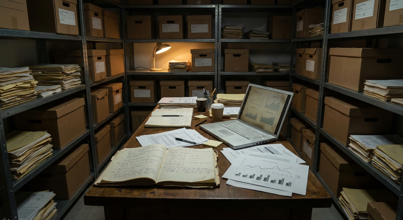 Archival room with boxes, printed documents and a laptop on a wooden table in a documentary style.