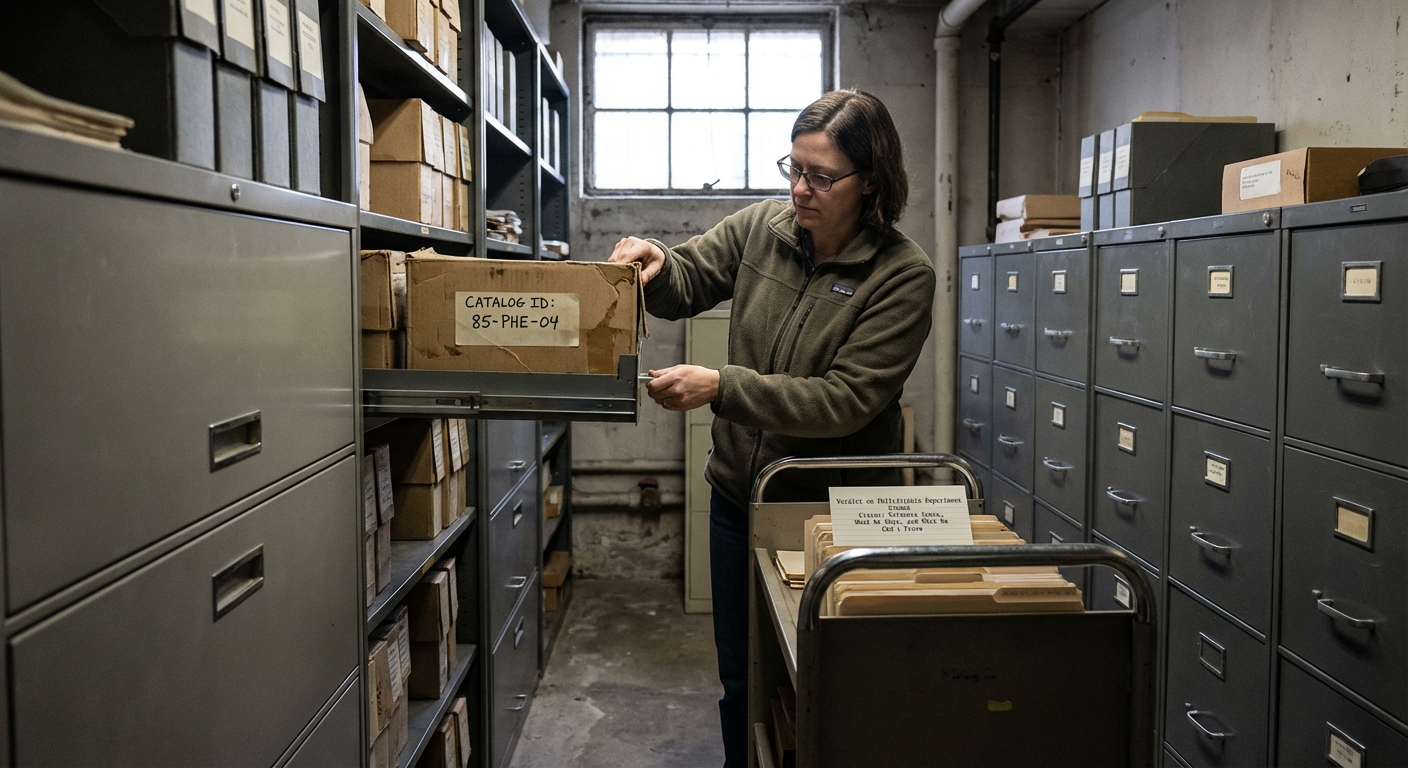 Archival room with metal file cabinets and a researcher retrieving a microfilm box from a trolley.