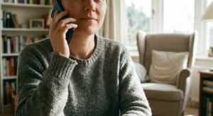 Person holding smartphone near ear in a living room, view focused on device and hand.
