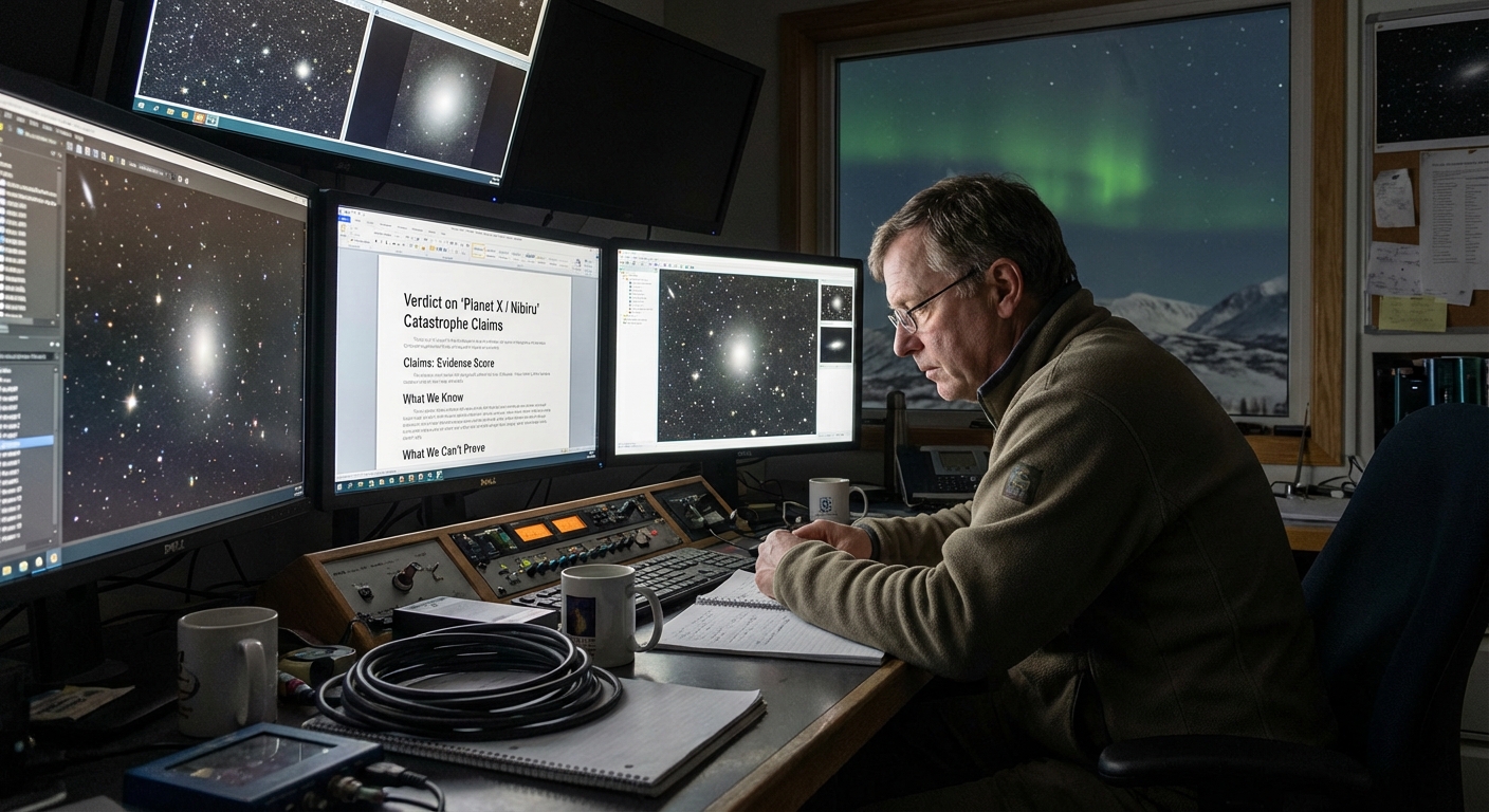 Astronomer at observatory control desk reviewing sky survey images and data on multiple screens.