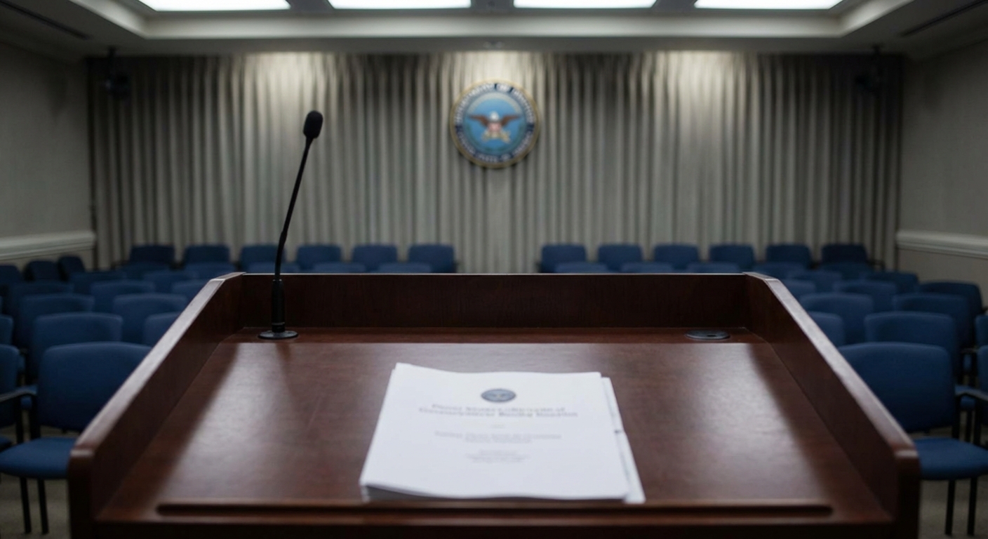 A government press room with a microphone and an out-of-focus statement on the lectern.