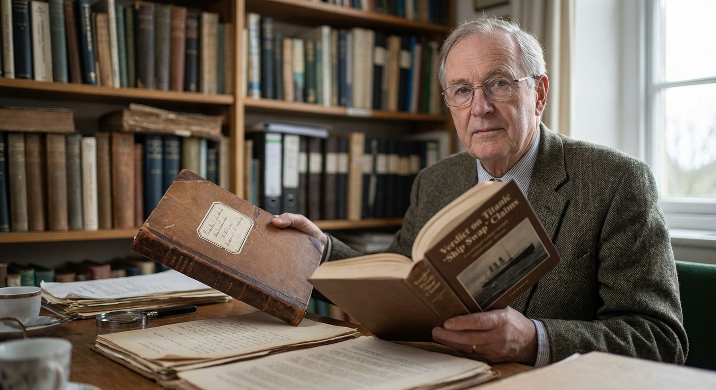 Maritime scholar posed in a study, holding research materials with bookshelves in soft focus behind them.