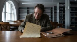 Researcher consulting archival documents and folders in a reading room.