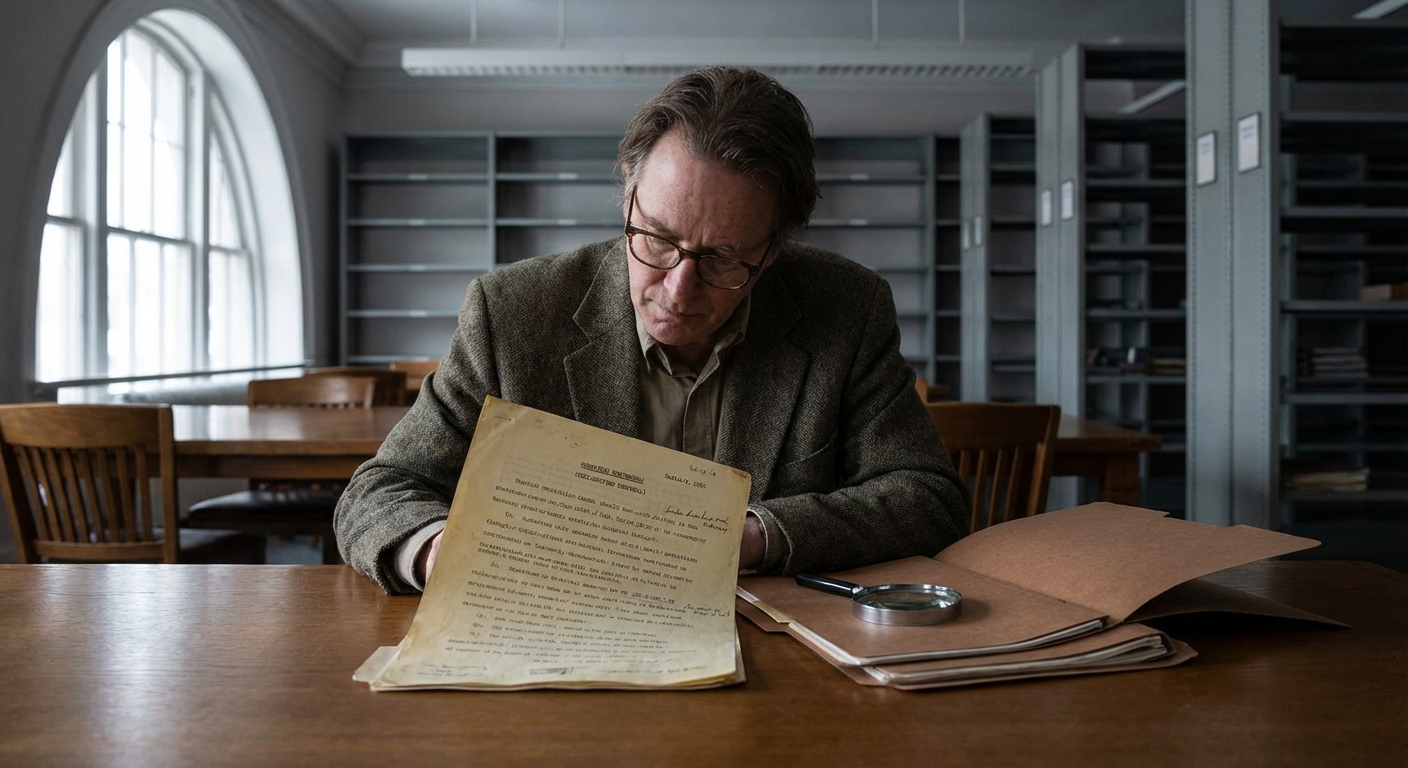 Researcher consulting archival documents and folders in a reading room.