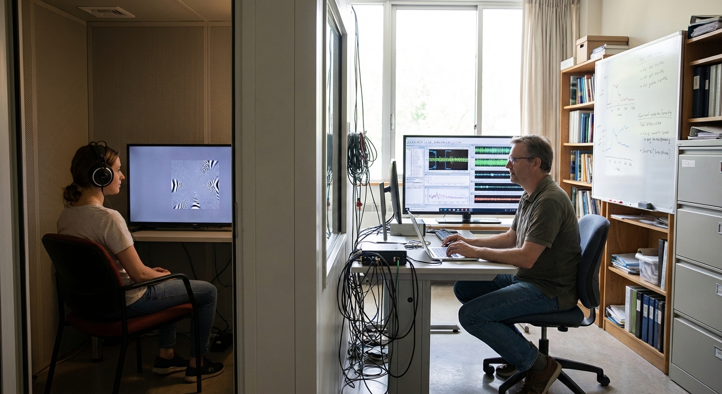 Research participant in a campus lab listening with headphones while a researcher records results on a monitor.