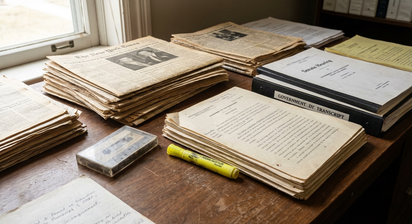 An archival desk with newspapers, hearing transcripts, a cassette tape and a highlighter in neutral tones.