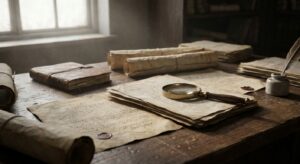 A researcher’s desk with aged treaty documents and a magnifying glass under soft daylight.