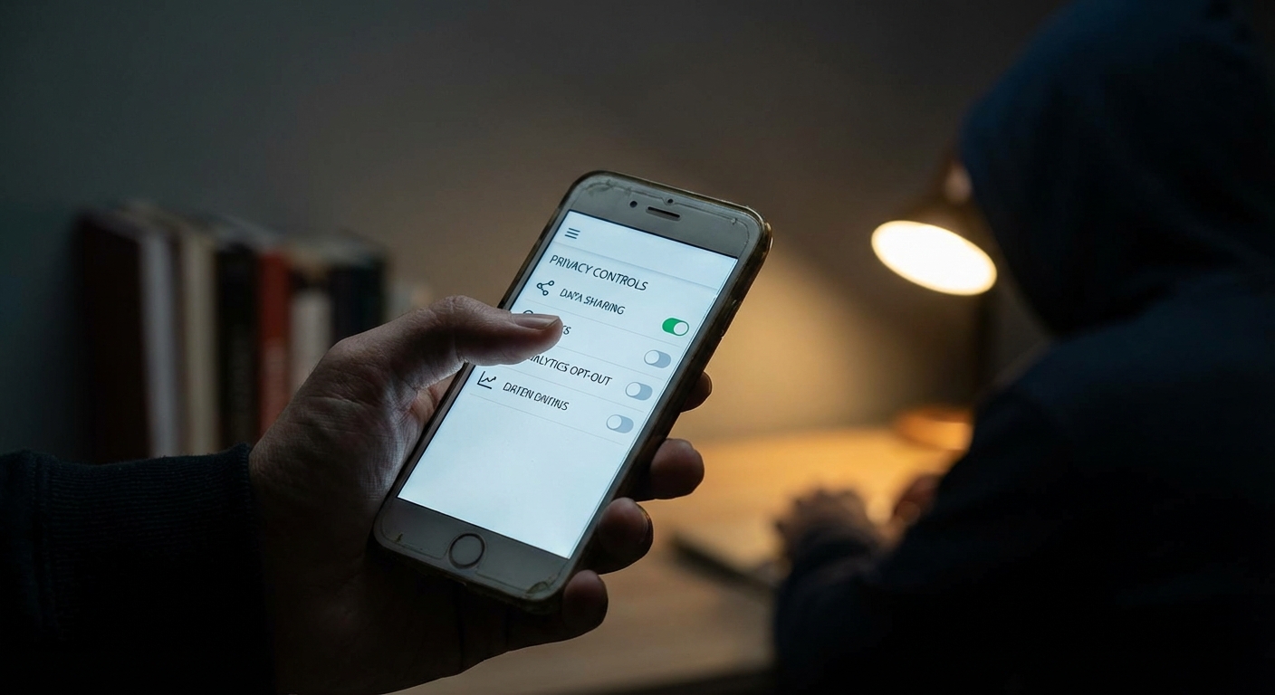 Person holding a smartphone in low light adjusting privacy settings, candid composition.