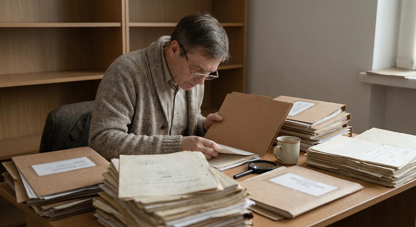Archivist-style scene: researcher examining declassified government documents and folders on a table.