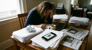 A researcher reviews legal filings and news clippings with a smartphone displaying a muted mic icon.