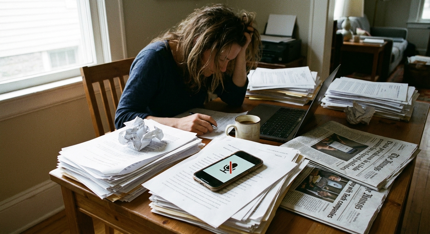 A researcher reviews legal filings and news clippings with a smartphone displaying a muted mic icon.