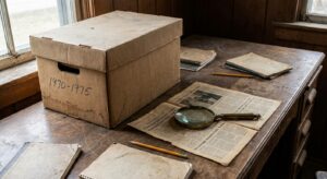 Archive box and magnifying glass on wooden table, suggesting historical document research.