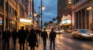 Dusk shot of a busy Hollywood Boulevard with pedestrians and period signage, no close faces or text.
