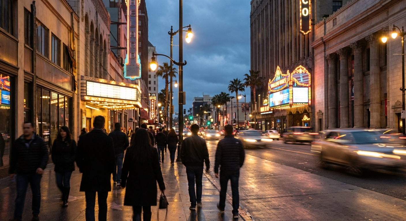 Dusk shot of a busy Hollywood Boulevard with pedestrians and period signage, no close faces or text.