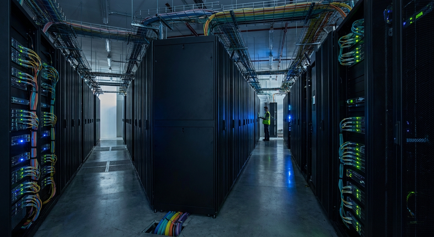 Server room corridor and network cabling to suggest high-volume data transit.