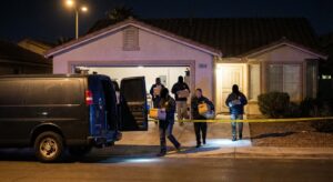Investigators and a plain van outside a suburban home at night, police tape visible, neutral documentary framing.