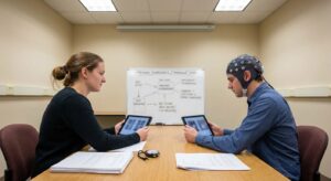 Psychology lab scene with participants and researchers conducting a visual memory experiment.