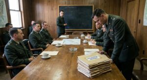 Documentary scene of a 1960s military planning room with papers on a conference table.
