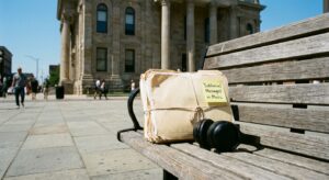 Courthouse steps with legal documents and headphones suggesting a music‑related trial in progress.