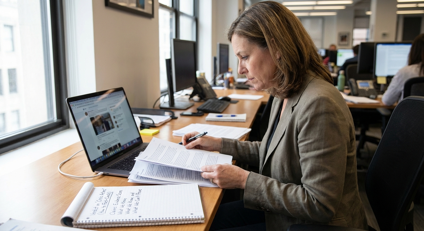 A journalist reviewing official reports and social-media screenshots at a desk in a neutral newsroom.