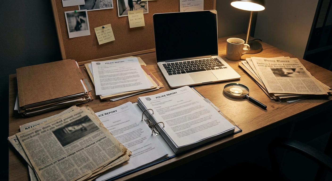 Research workspace with blurred reports and laptop, suggesting investigative fact-checking.