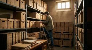 An archival storage scene with stacked boxes and a researcher pulling records from a shelf.
