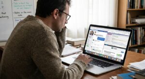 Analyst at a desk reviewing social media threads and fact-check articles on a laptop screen.