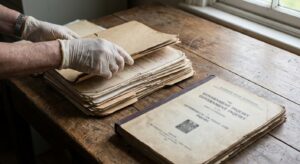 An archivist’s hands organizing declassified paper files and folders on a wooden table in an archive.