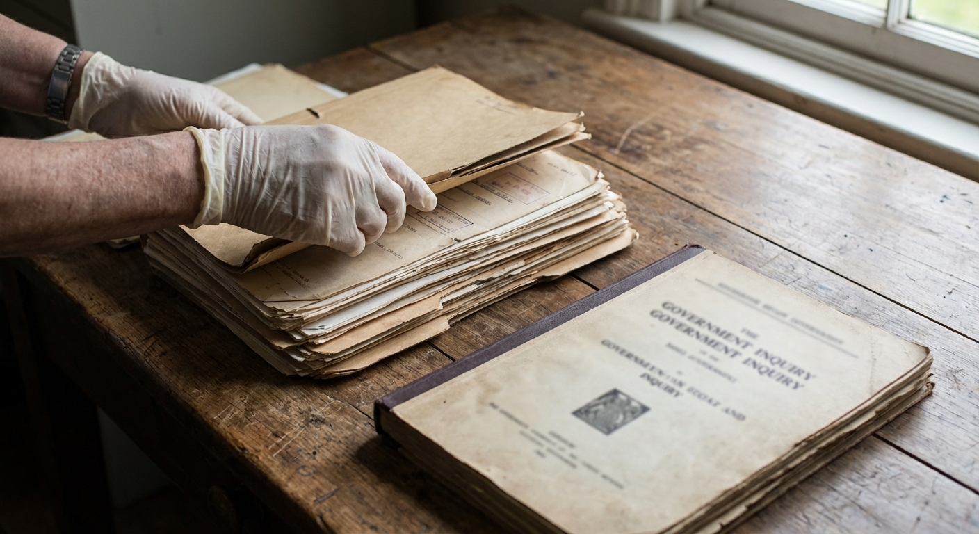 An archivist’s hands organizing declassified paper files and folders on a wooden table in an archive.