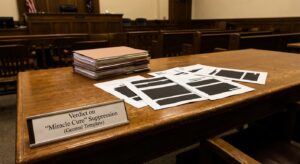 Stack of legal files and redacted documents on a courtroom table, emphasis on legal scrutiny.