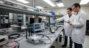 Engineers in a lab testing RF emissions from a smart meter with measurement instruments.