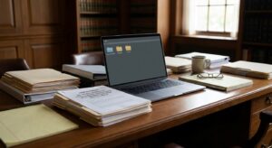 Legal workspace with documents and a laptop suggesting consumer protection proceedings.