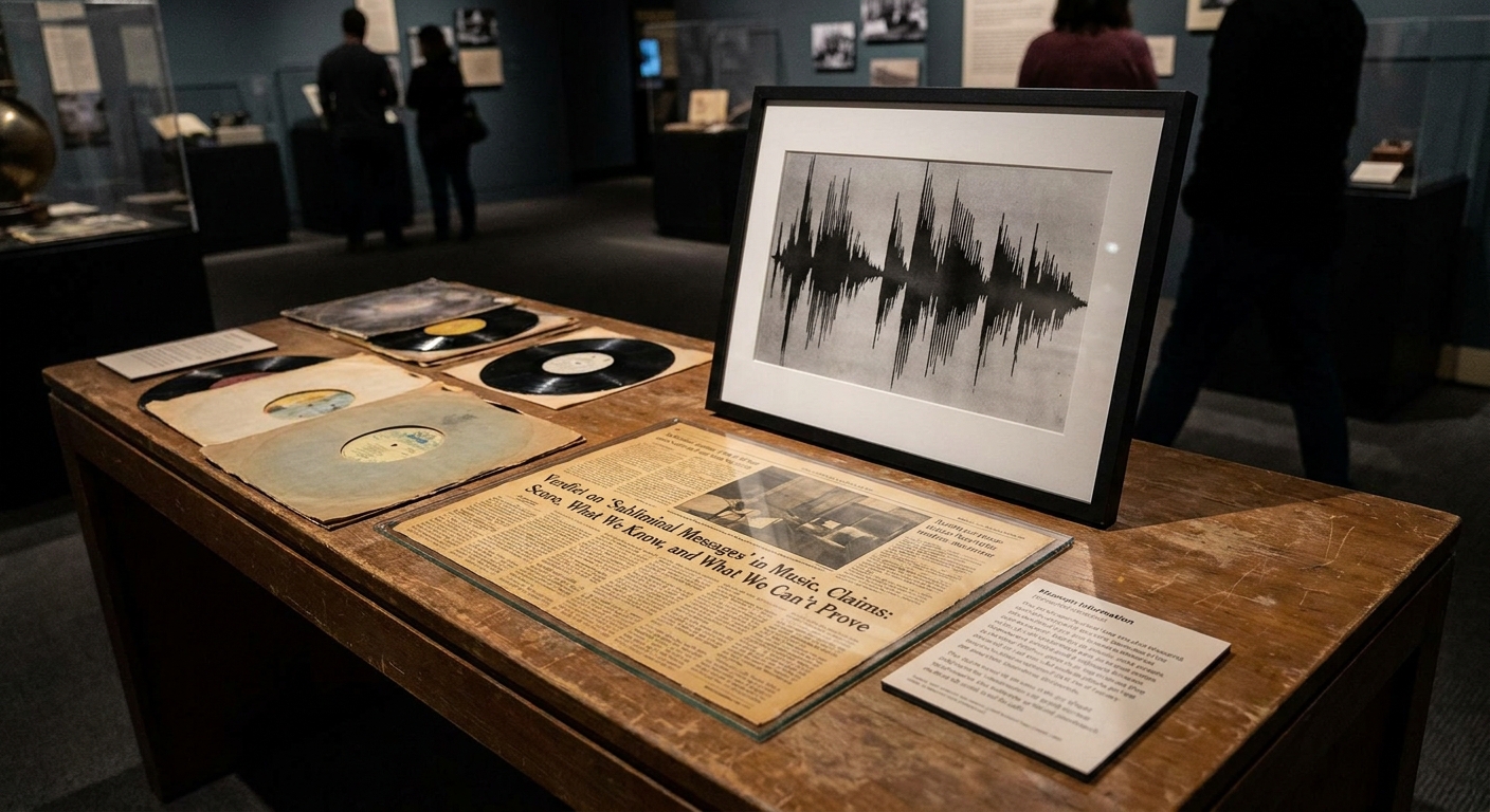 Exhibit table with vinyl records and archival newspaper clippings about hidden messages in music.
