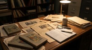 A researcher’s desk with physical book covers and newspaper clippings examined under a lamp.