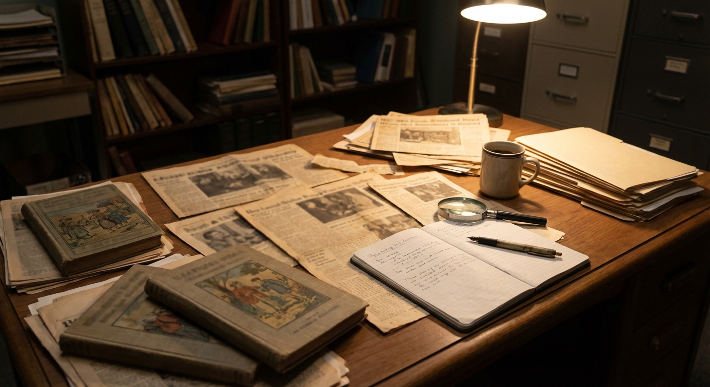 A researcher’s desk with physical book covers and newspaper clippings examined under a lamp.