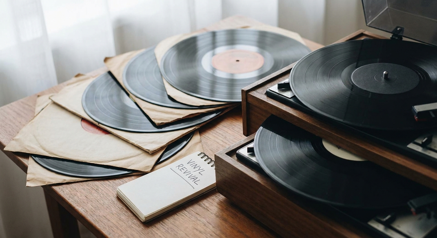 Vinyl records displayed around a turntable showing a reverse-play setup, styled as a documentary still life.