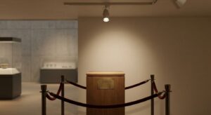 Museum exhibit pedestal under a spotlight behind a rope, symbolizing absence of a contested artifact.