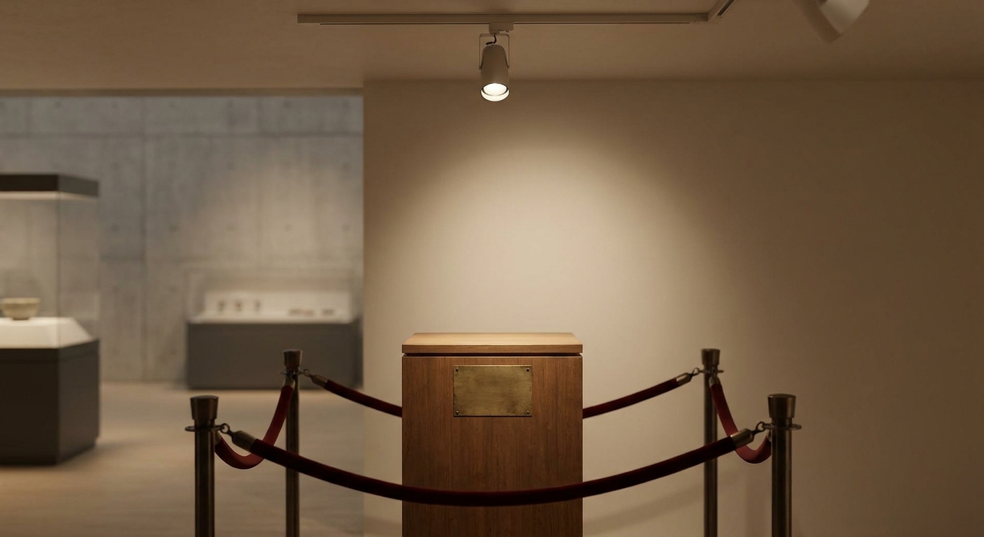 Museum exhibit pedestal under a spotlight behind a rope, symbolizing absence of a contested artifact.