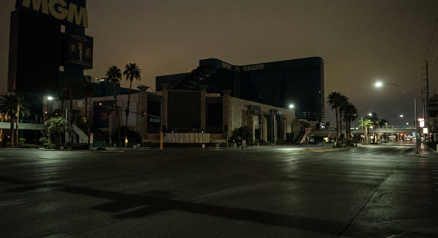 Empty Las Vegas Boulevard at night near a large hotel, documentary mood with no signage or people.